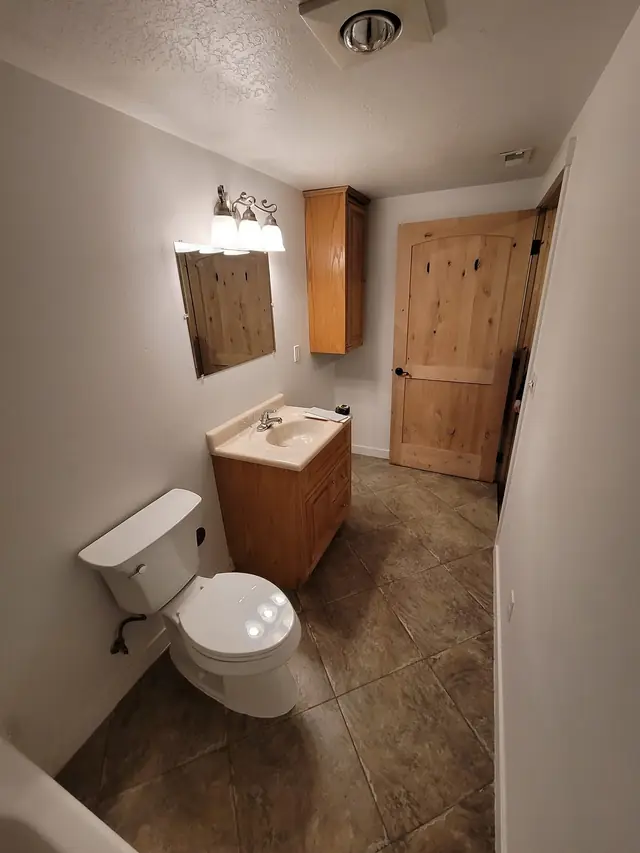 Bathroom with a wood door and a knotty-pine vanity